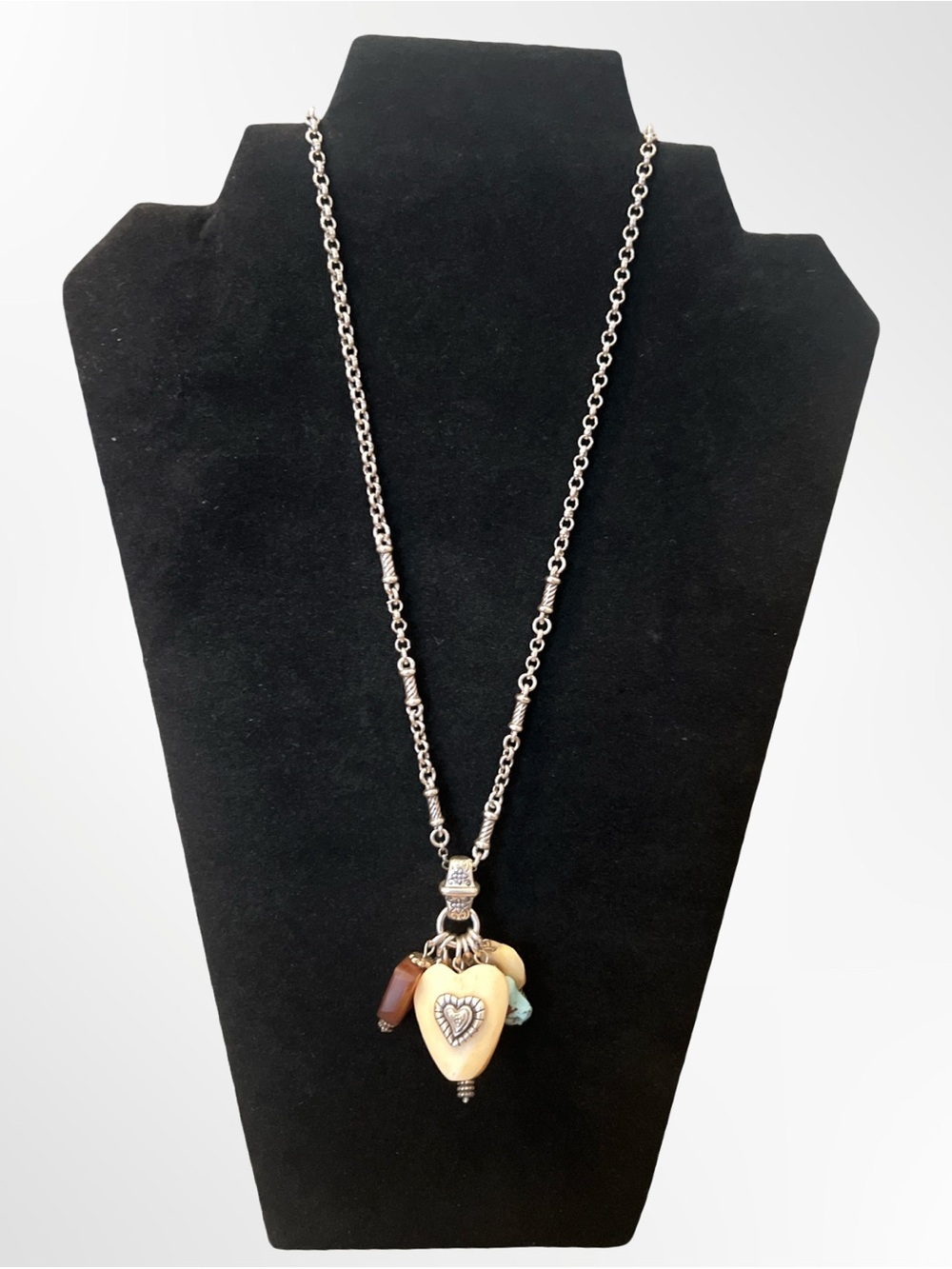 Vintage  Brighton Silver tone Multicolored Stone Charm Necklace 32"